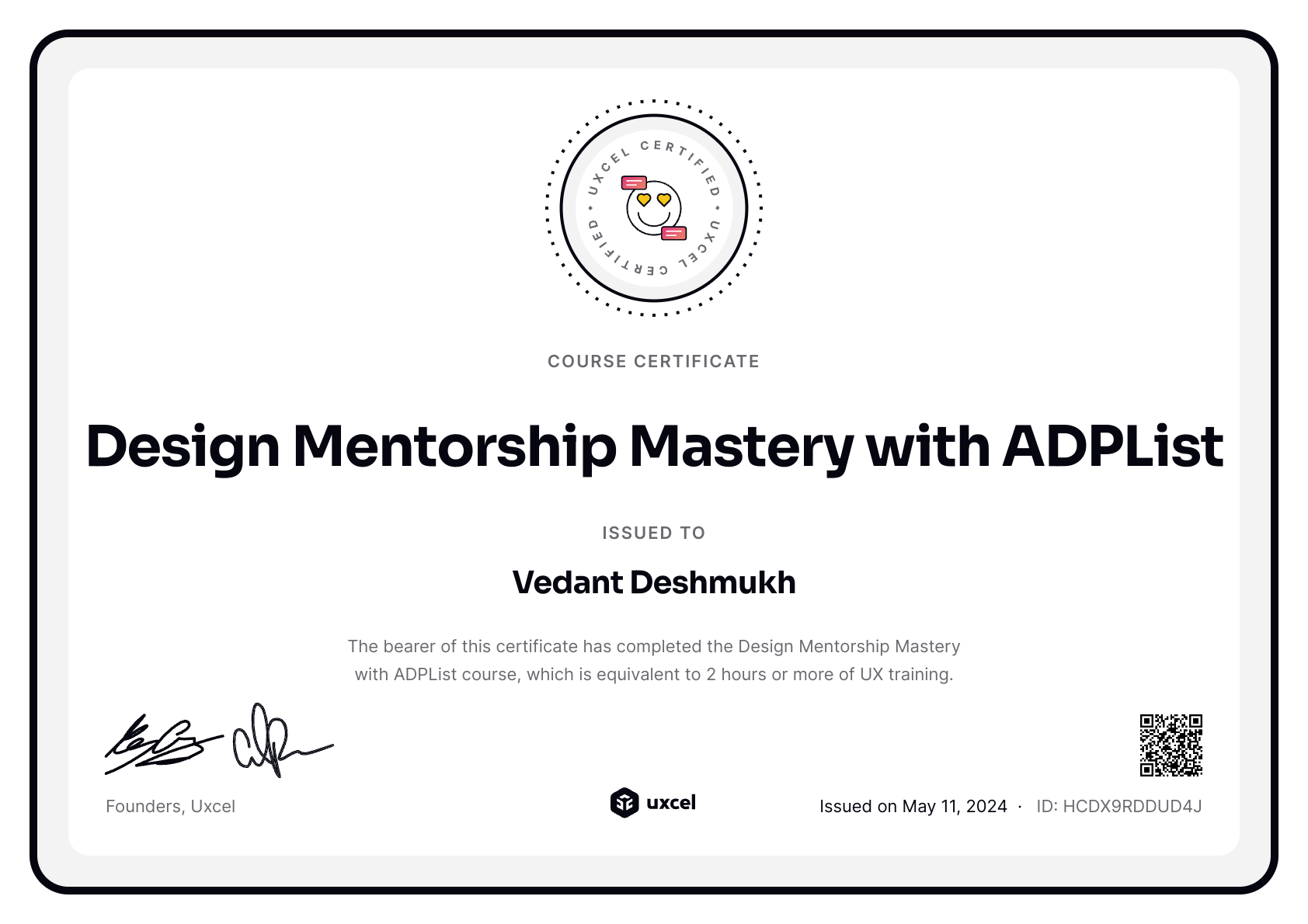 Vedant Deshmukh's certificate